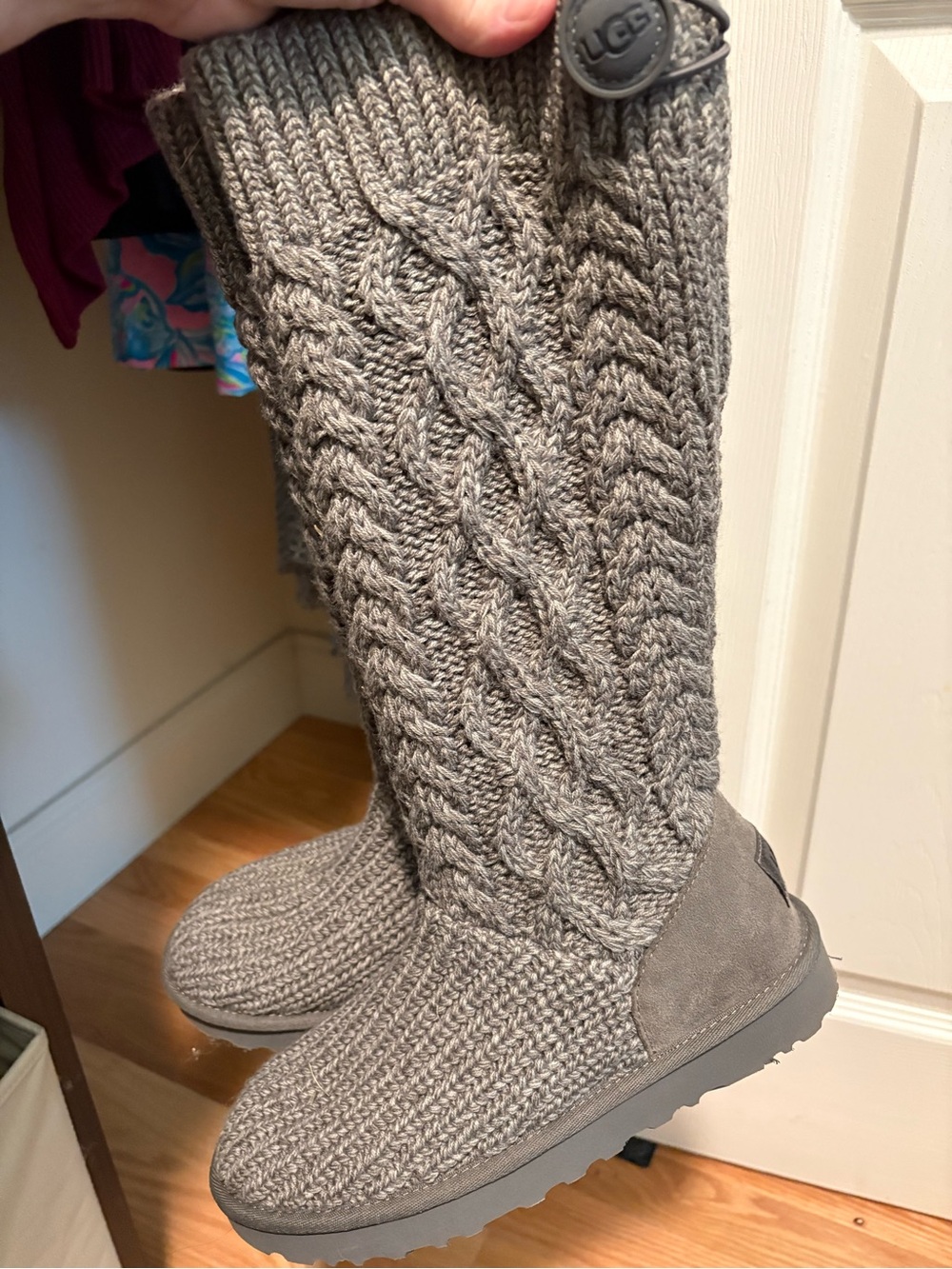 UGG Gray Cable-Knit Tall Boots with Suede Heel Accent